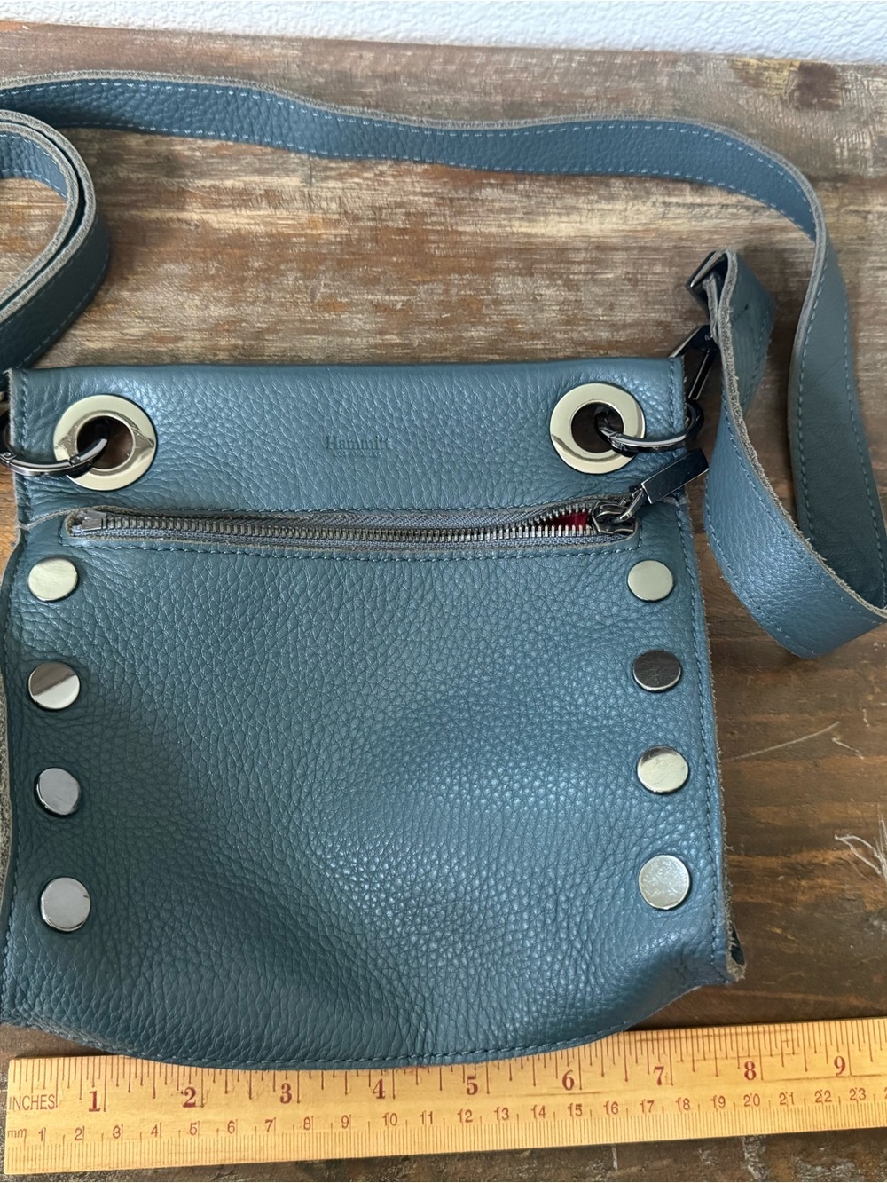 Hammitt Slate Blue Pebbled Leather Crossbody with Silver Studs